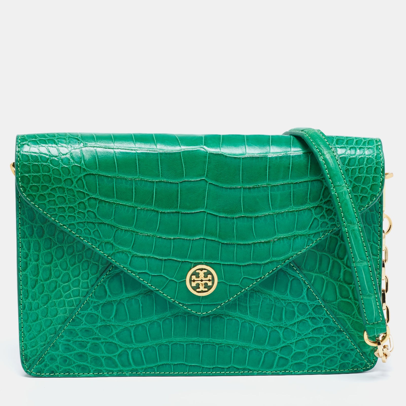 Tory Burch Green Alligator Robinson Envelope Flap Clutch Bag