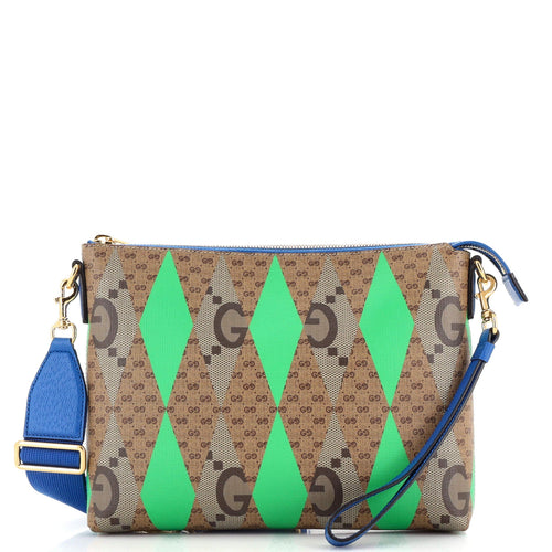 GUCCI Wristlet Pouch Rhombus GG Coated Canvas with Leather Medium
