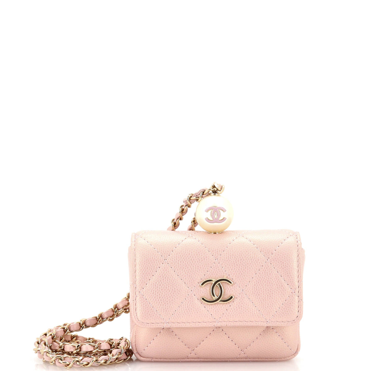 Chanel CHANEL CC Pearl Coin Card Holder with Chain Quilted Iridescent Caviar