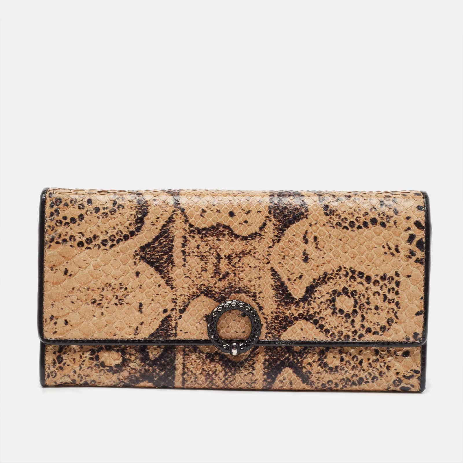 Bottega Veneta Beige/Black Python Clasp Flap Continental Wallet