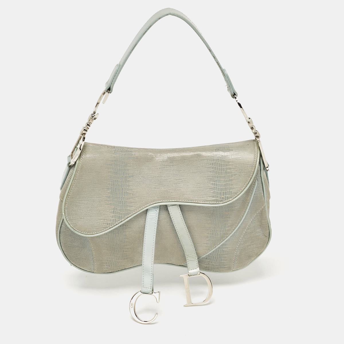 Dior Blue Lizard Embossed Suede and Leather Double Saddle Bag