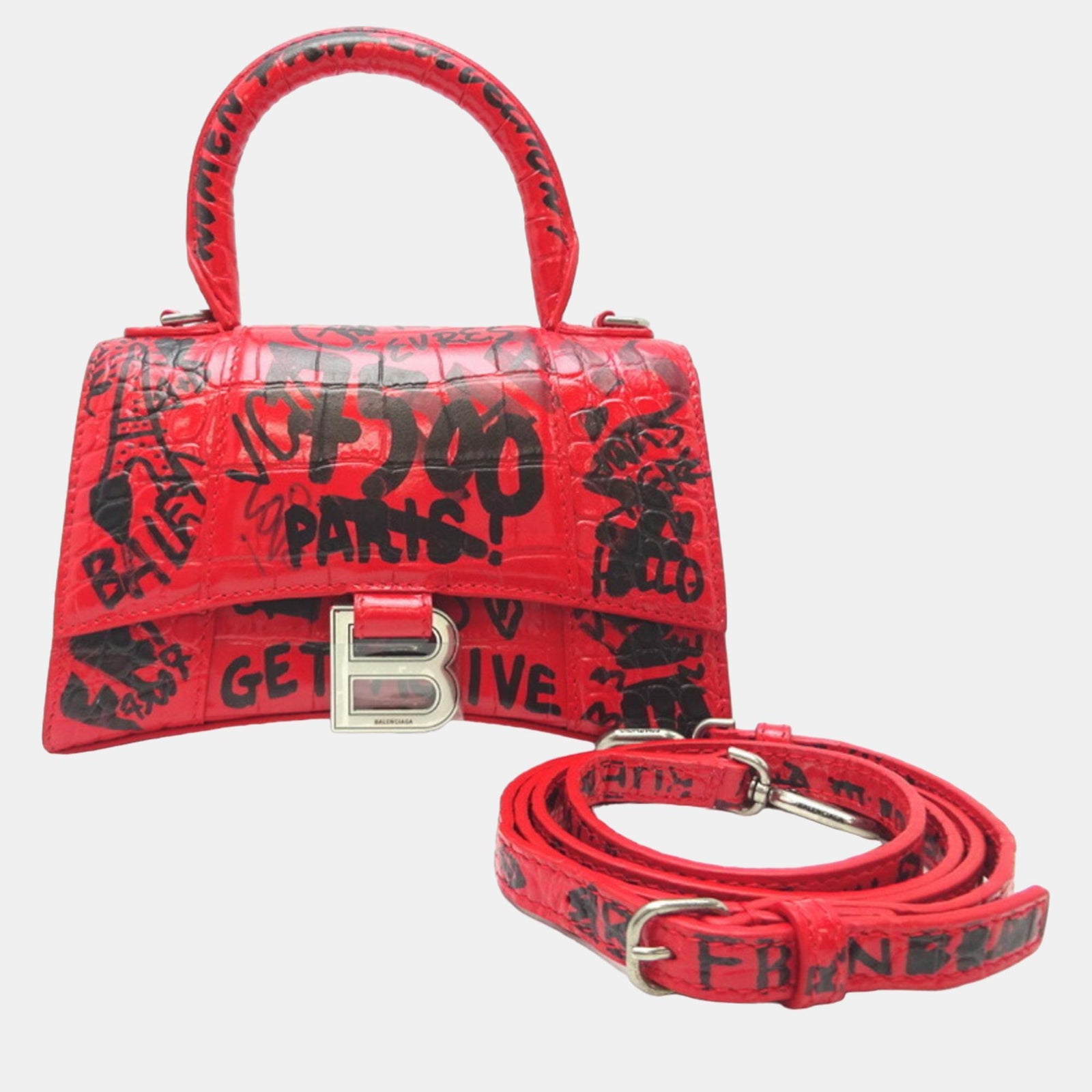 Balenciaga Rote Hourglass XS-Taschen aus Leder mit Graffiti-Muster