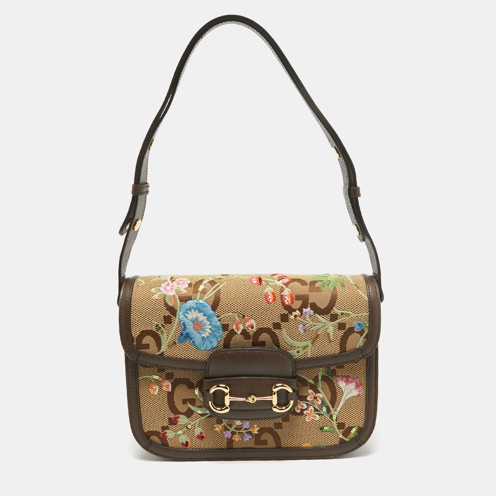 Gucci Kleine 1955 Horsebit-Schultertasche aus Jumbo-GG-Canvas und Leder mit Blumenstickerei in Beige/Ebenholz