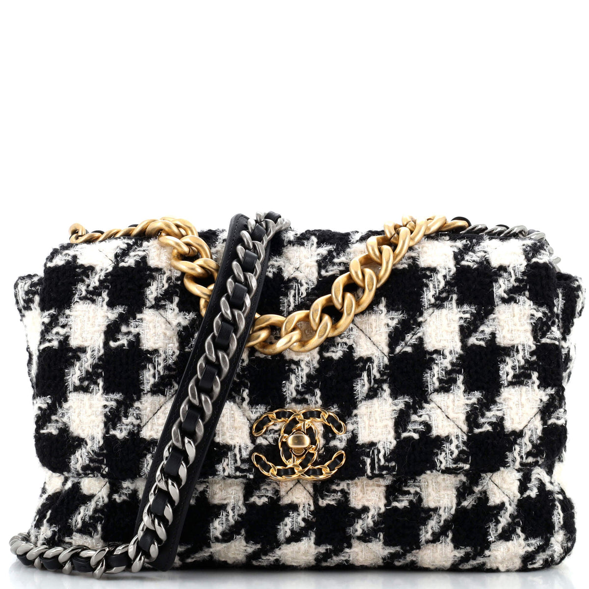Chanel CHANEL 19 Flap Bag Quilted Houndstooth Tweed and Ribbon Large