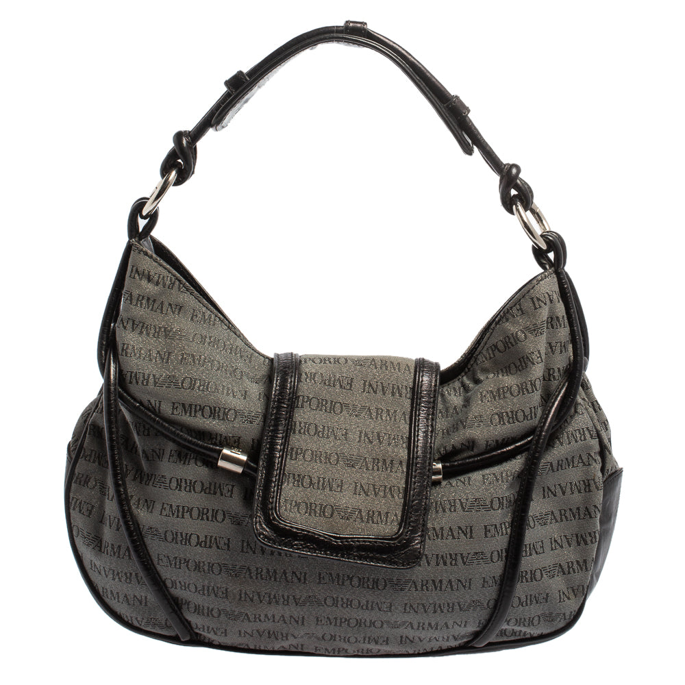 Emporio Armani Black/Grey Monogram Canvas and Leather Hobo