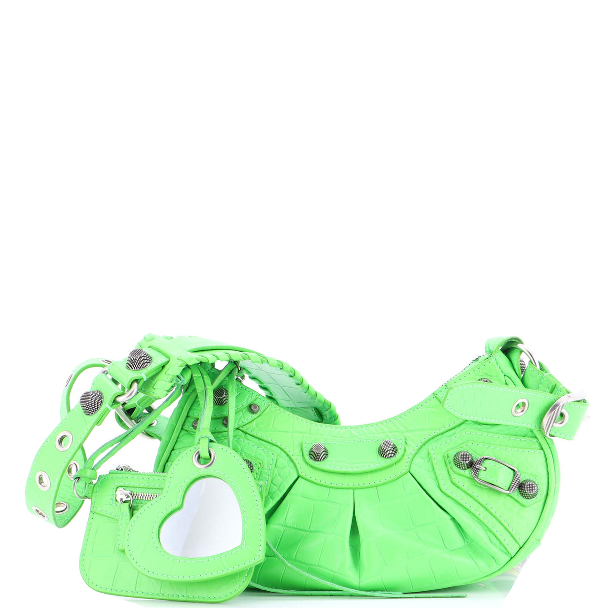 Balenciaga Le Cagole Giant Studs Shoulder Bag Crocodile Embossed Leather XS