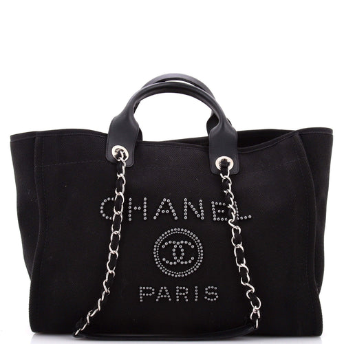 CHANEL Deauville Tote Pearl Embellished Canvas Medium