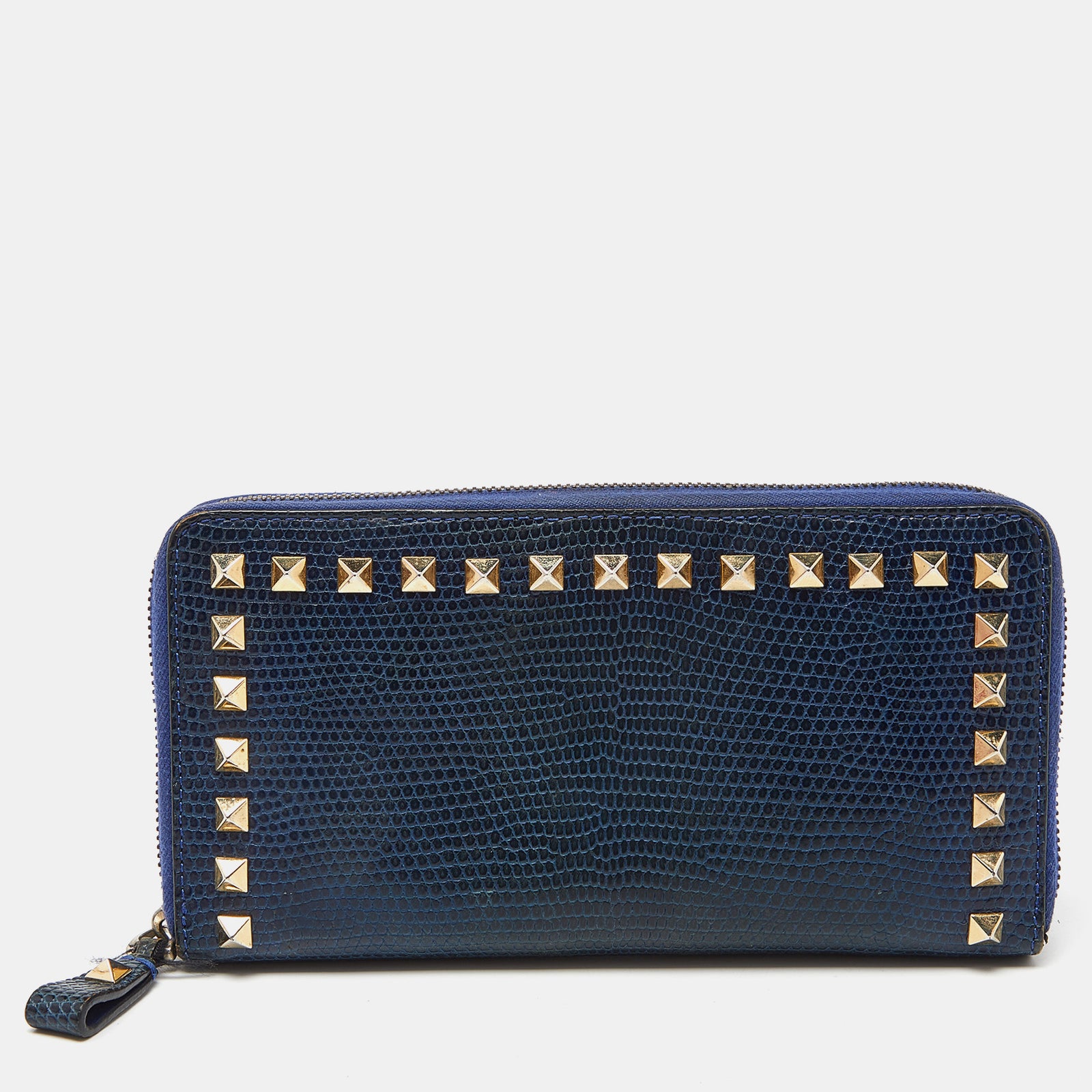 Valentino Blue Lizard Rockstud Zip Around Wallet