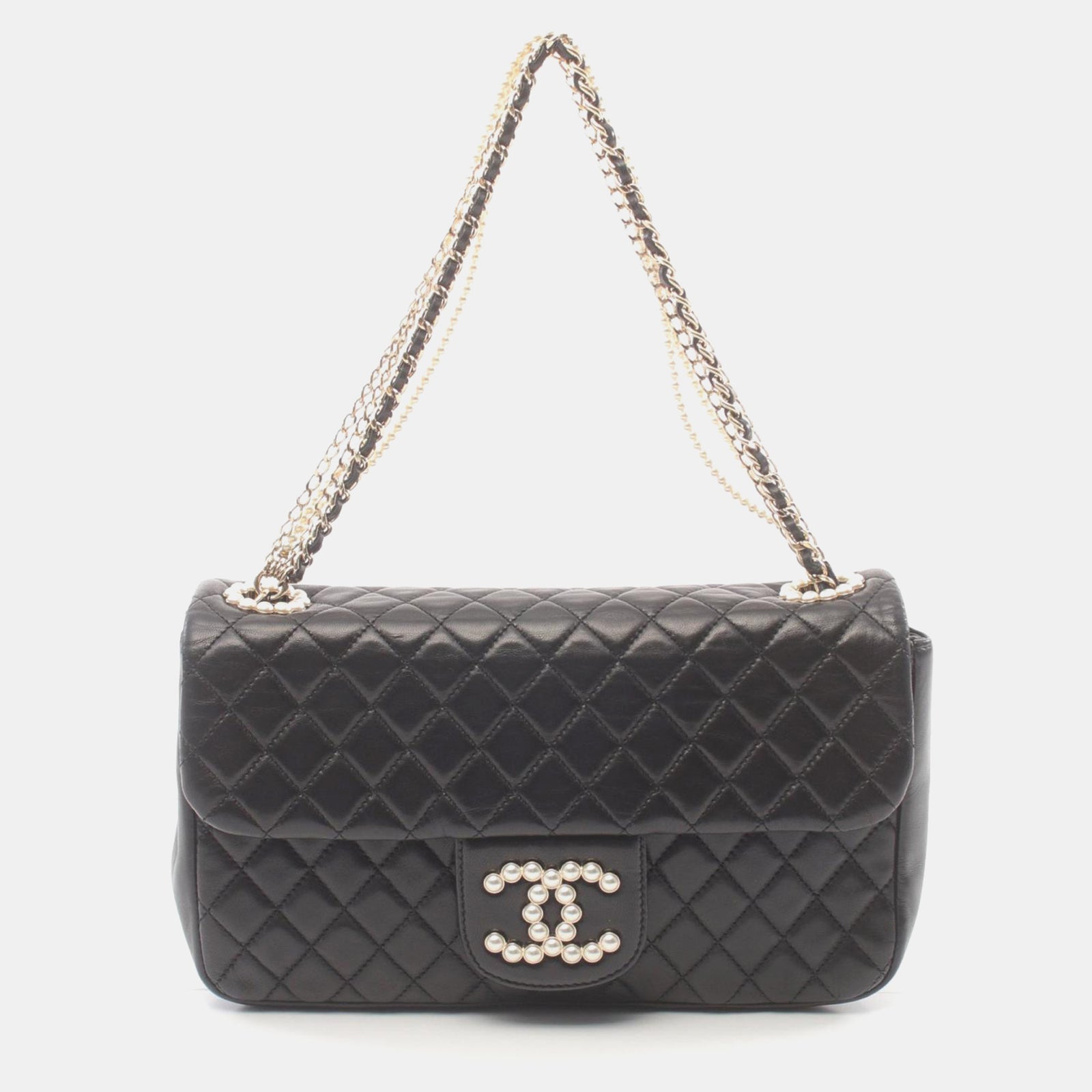 Chanel Mittelgroße Westminster-Flap-Tasche aus schwarzem Leder mit CC-Perlen