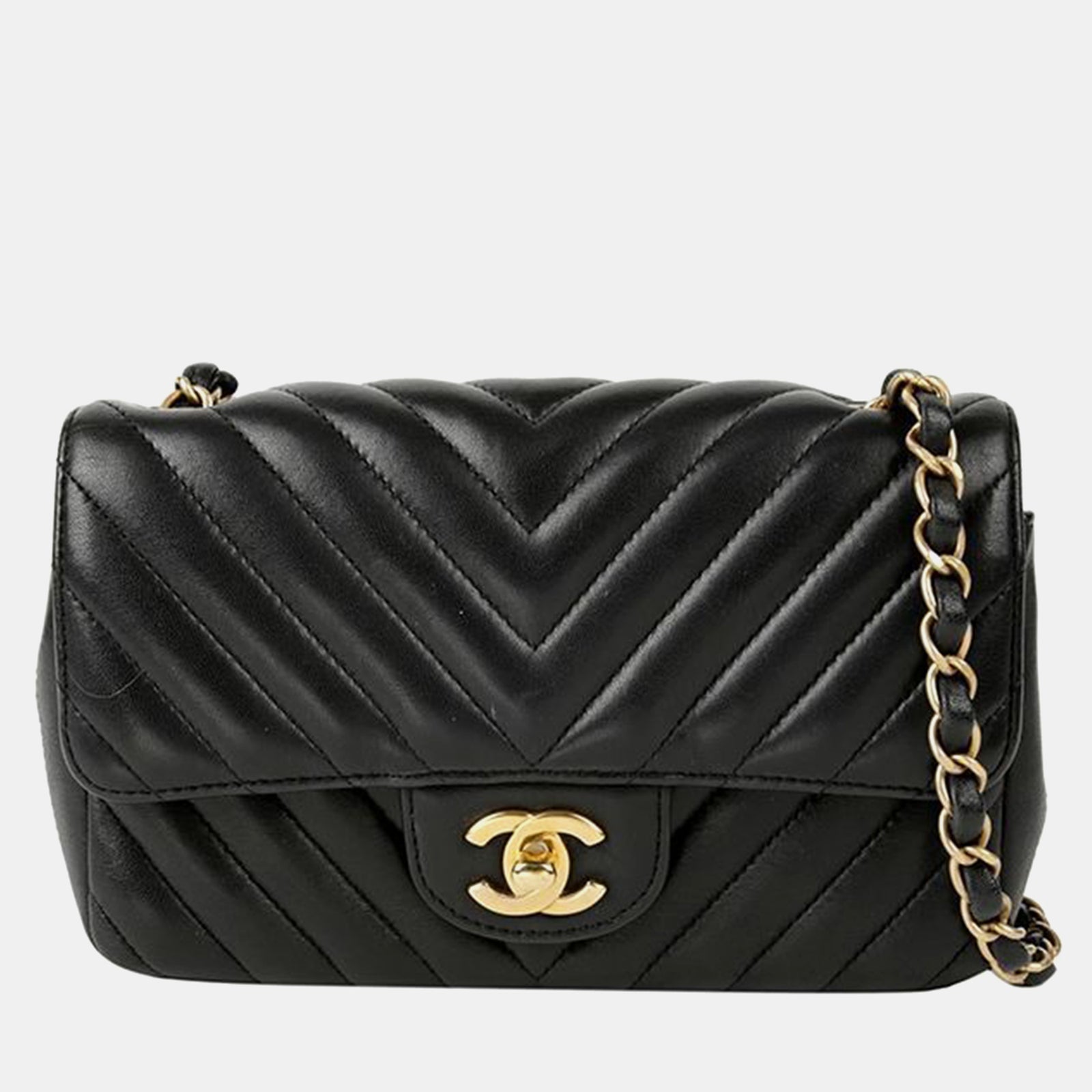 Chanel Schwarze klassische Mini-Umhängetasche aus Lammleder mit Chevron-Muster und einer Klappe