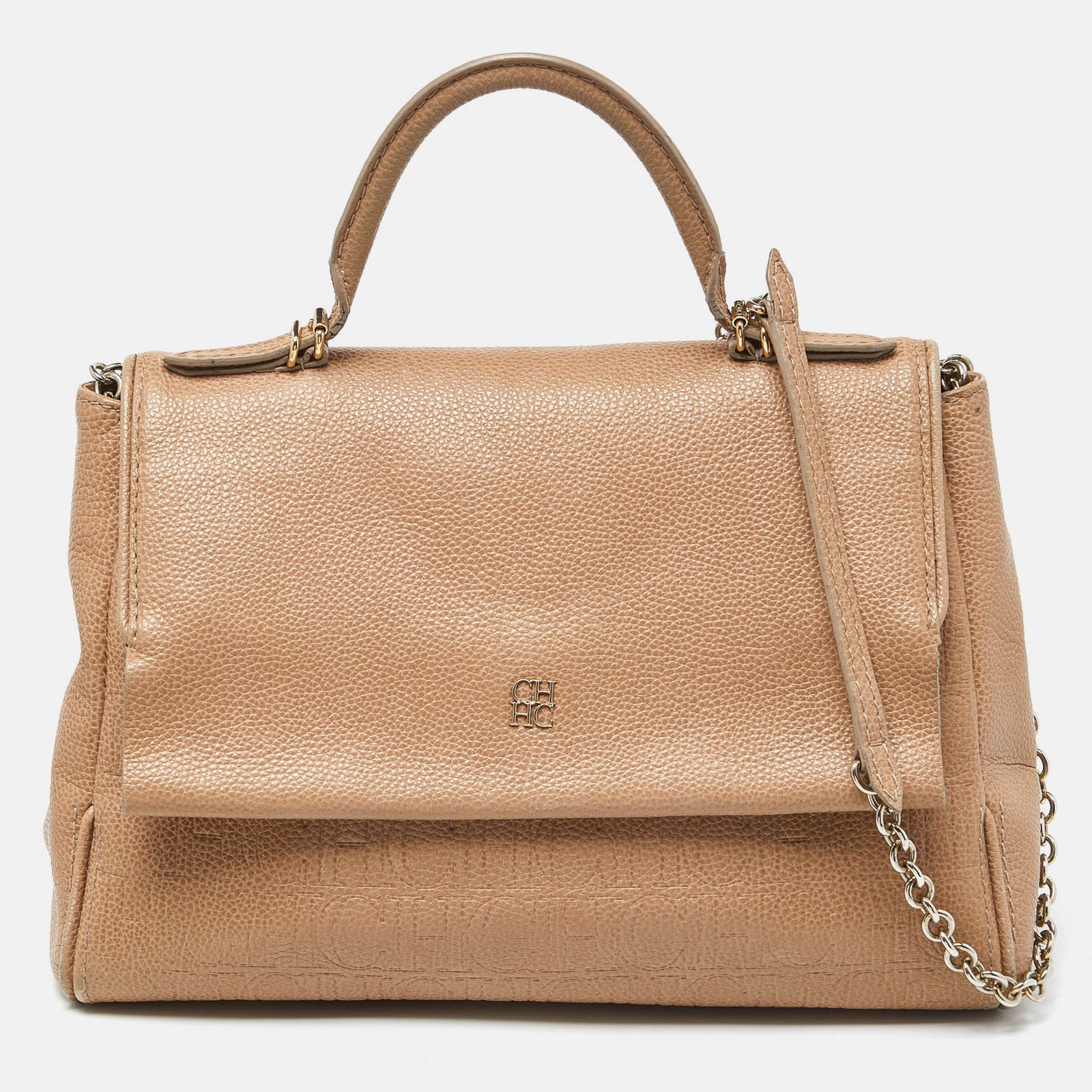 Carolina Herrera Beige Leather Minuetto Flap Top Handle Bag