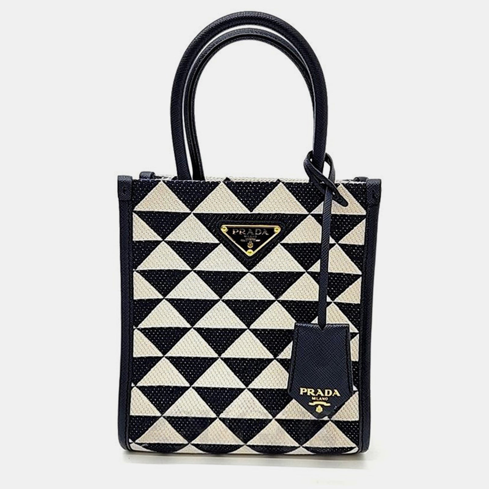 Prada Cream/Black Triangle Canvas and Leather Symbole Tote Bag