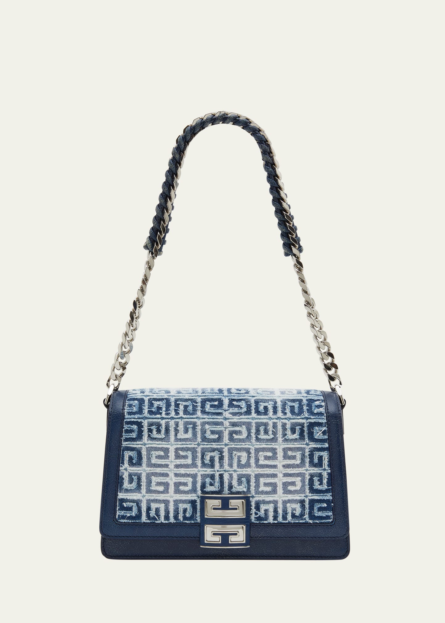 Givenchy 4G Shoulder Bag in Distressed Denim with Woven Chain Strap