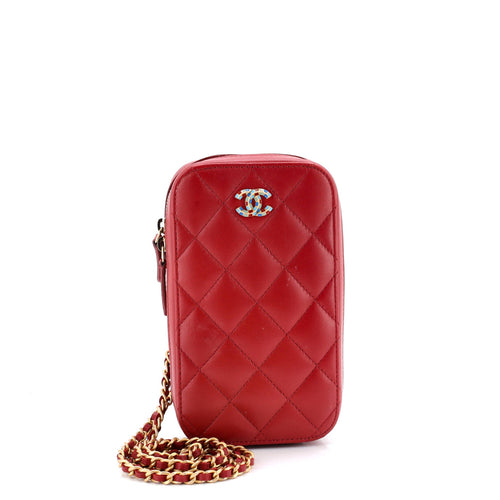 CHANEL Zip Around Phone Case with Chain Quilted Lambskin