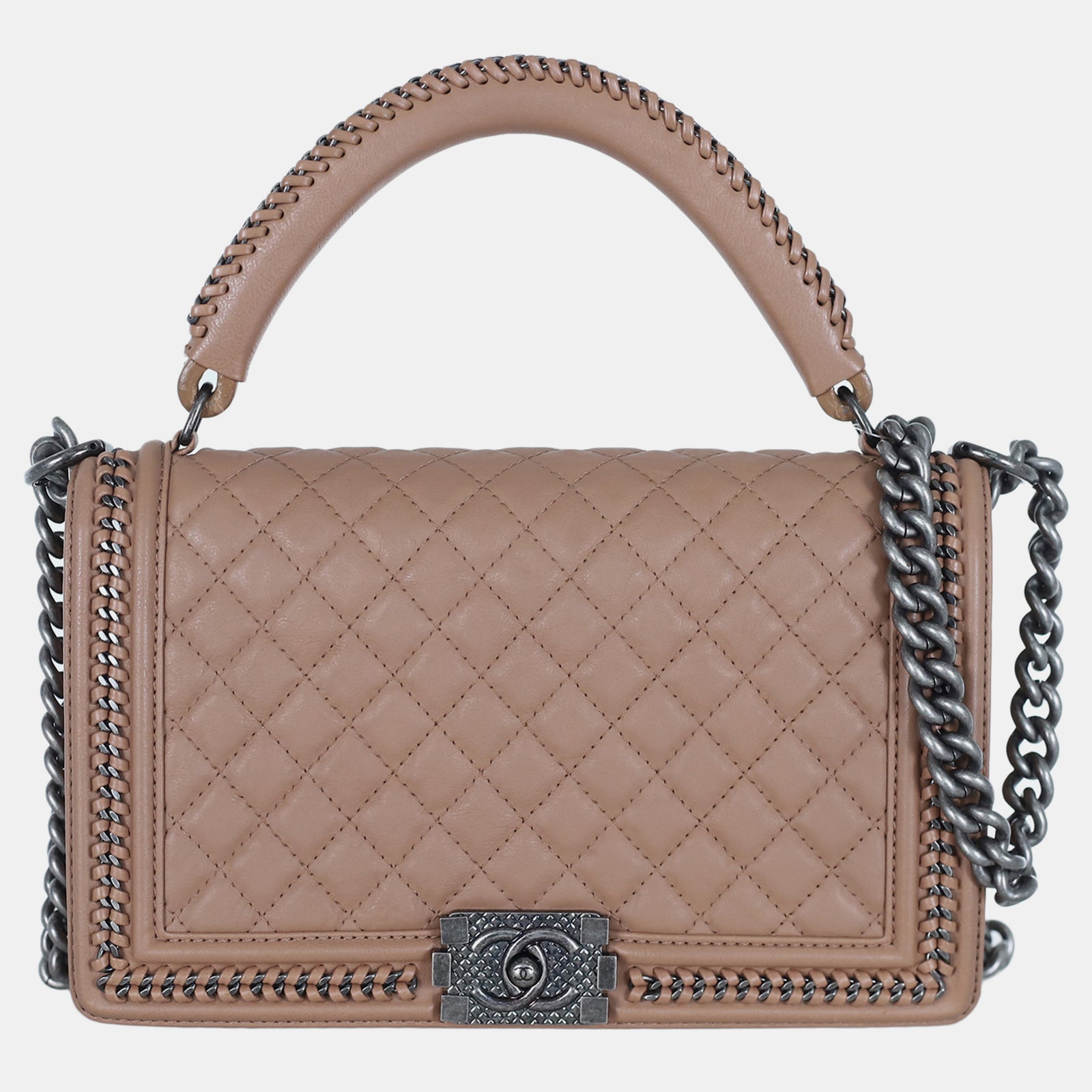 Chanel Sac à main rose nude de taille moyenne avec poignée pour garçon