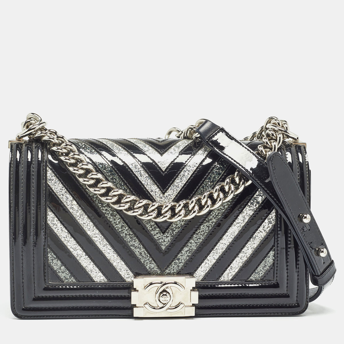 Chanel Black/Silver Chevron Patent Leather Medium Boy Flap Bag