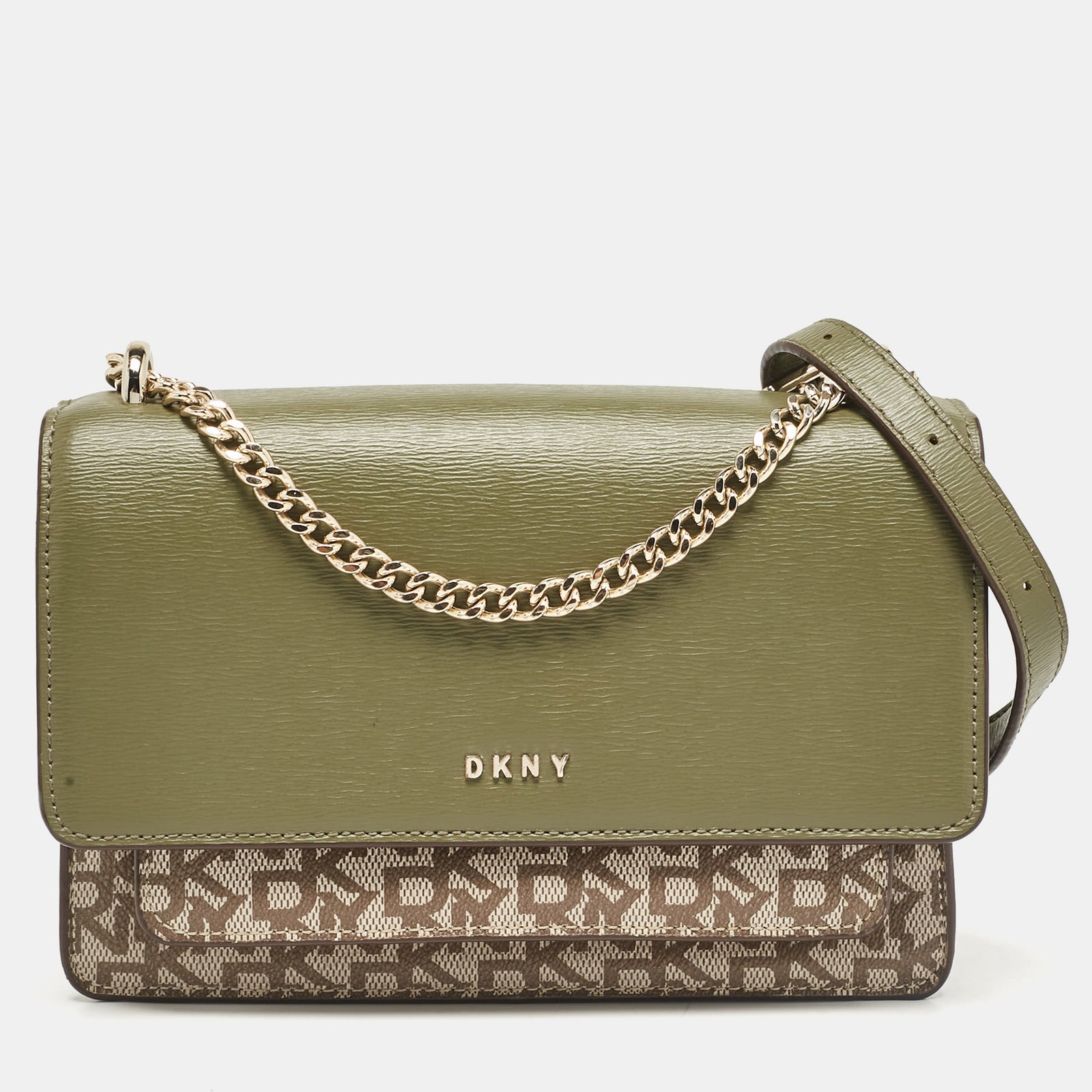 DKNY Green/Beige Monogram Coated Canvas and Leather Flap Chain Shoulder Bag