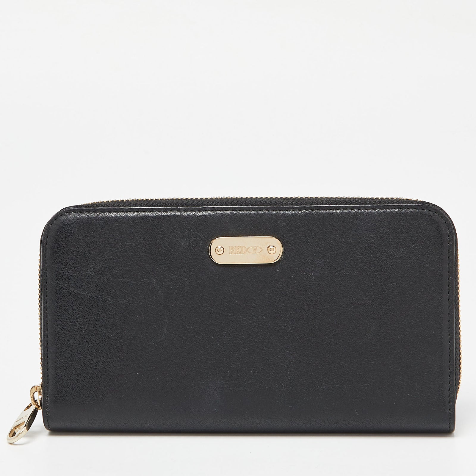 Red Valentino Black Leather Zip Around Wallet