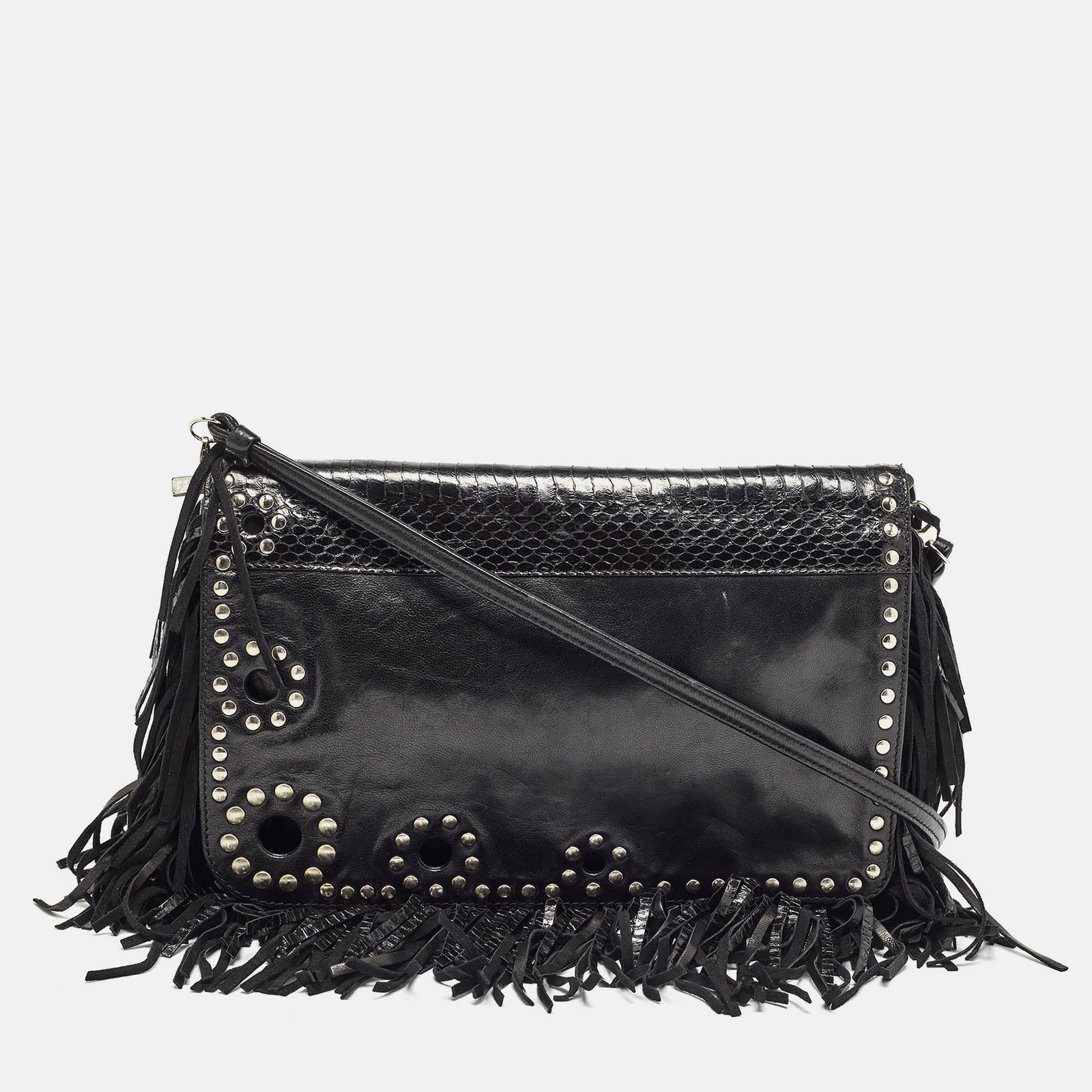 Jimmy Choo Black Snakeskin and Leather Studded Fringe Shoulder Bag