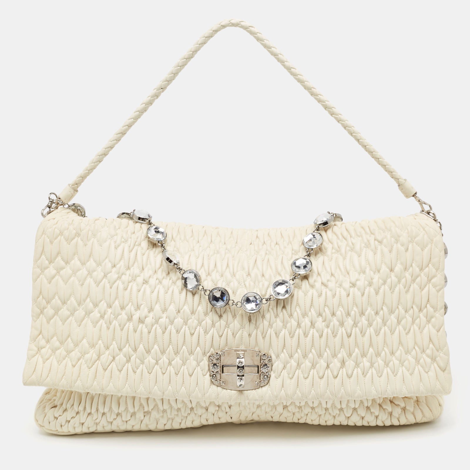 Miu Miu White Matelass&eacute; Leather Crystal Cloqu&eacute; Flap Shoulder Bag