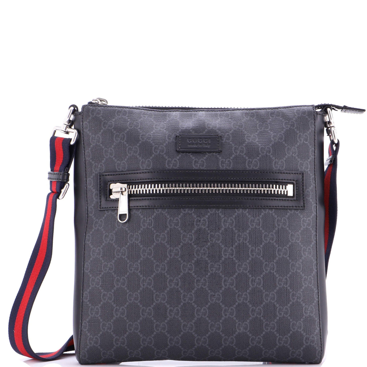 Gucci GUCCI Web Strap Front Zip Messenger Bag GG Coated Canvas Medium