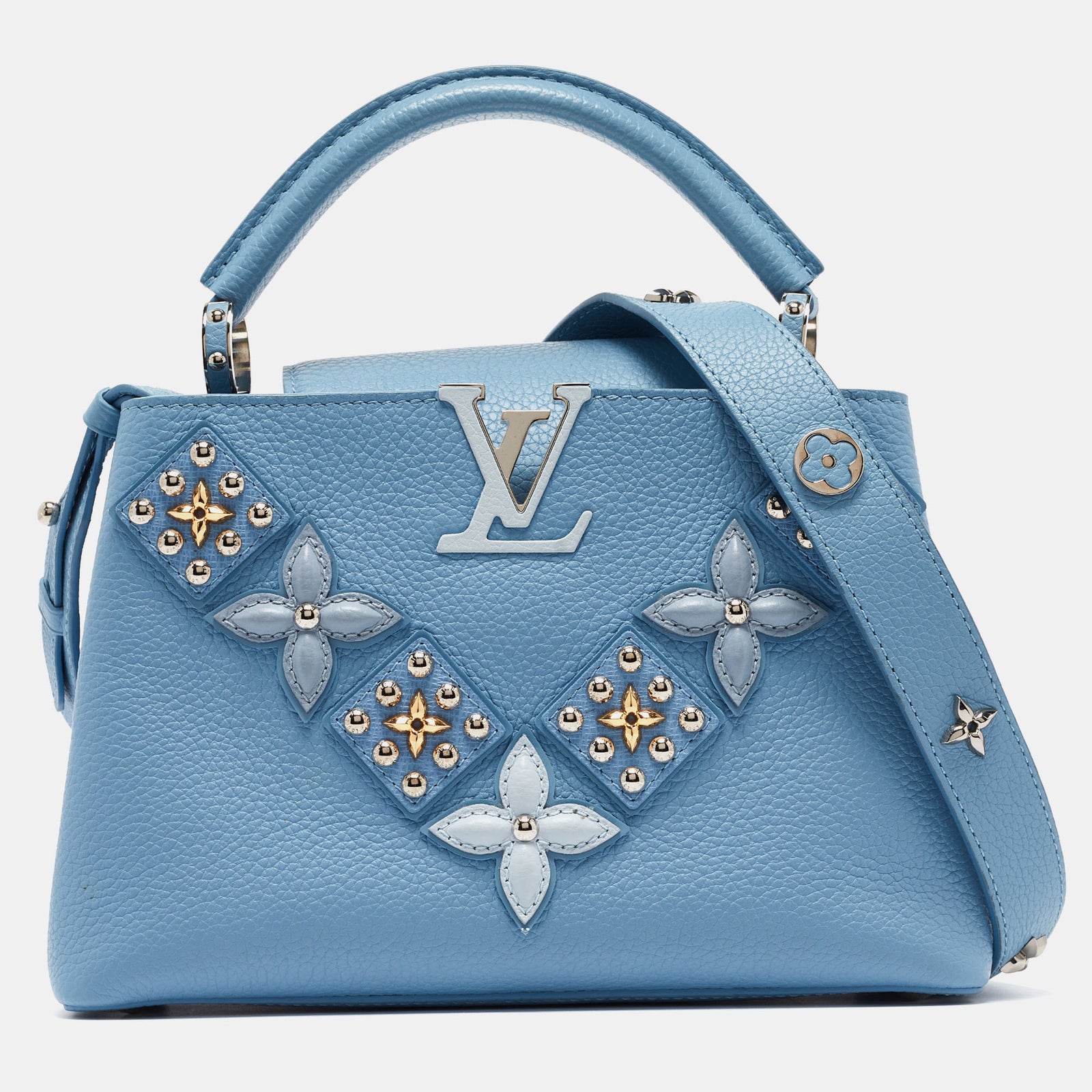 Louis Vuitton Sac Capucines BB en cuir bleu clair avec fleur mécanique