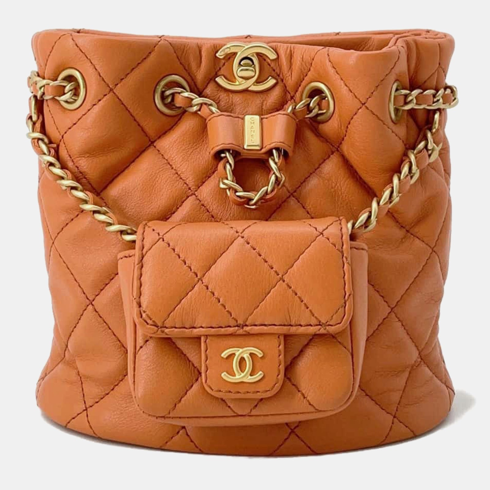 Chanel Orangefarbener Matelassé-Rucksack aus Leder mit Mini-Beutel, Größe S