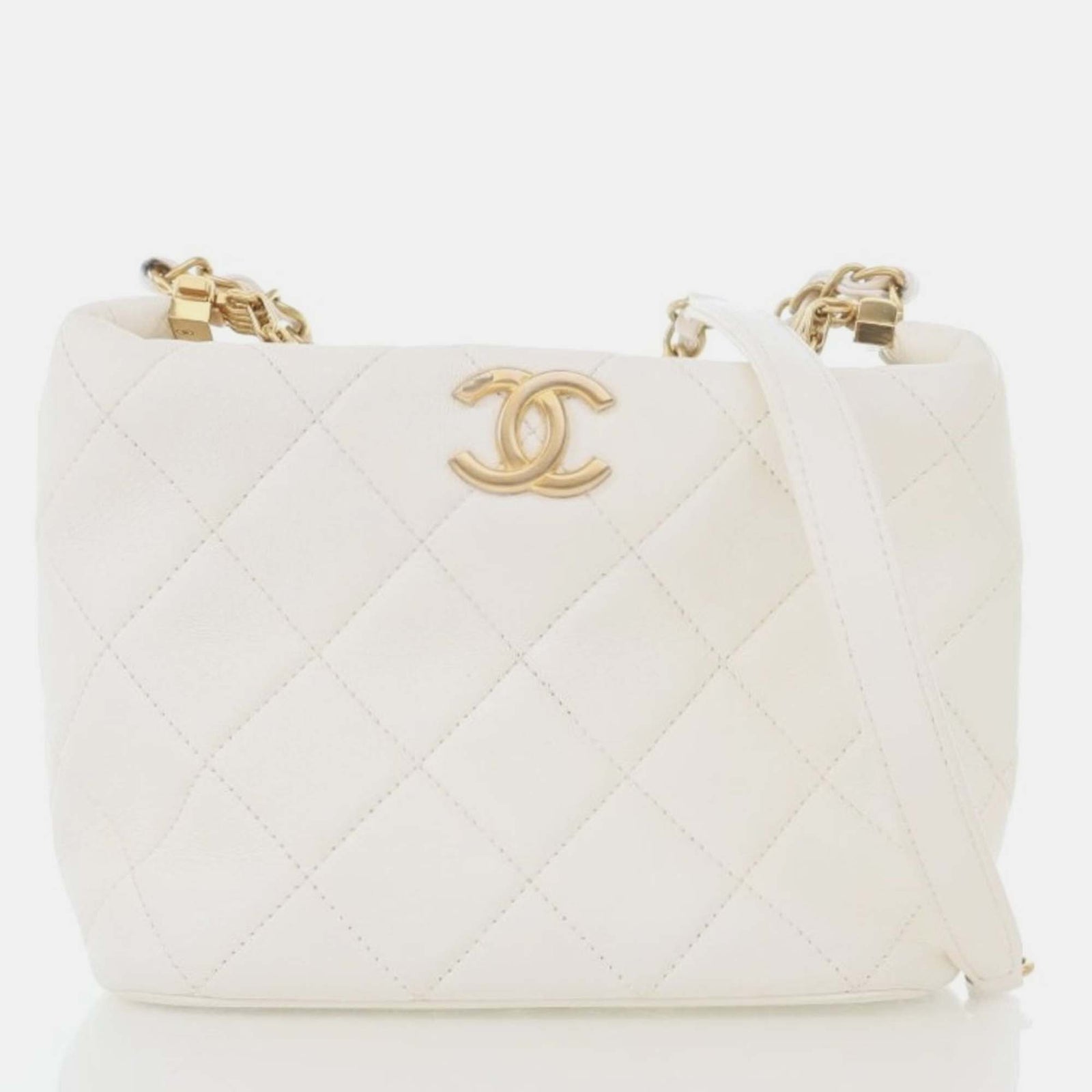 Chanel White Quilted Lambskin Small Crystal Logo Letters Chain Handle Bag