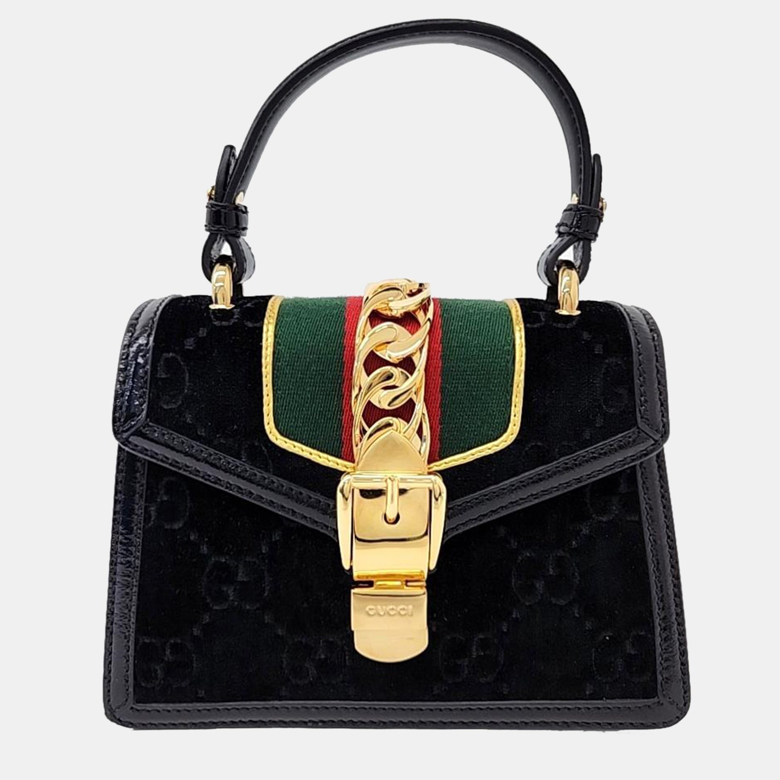 Gucci Black Velvet and Leather Mini Sylvie Top Handle Bag