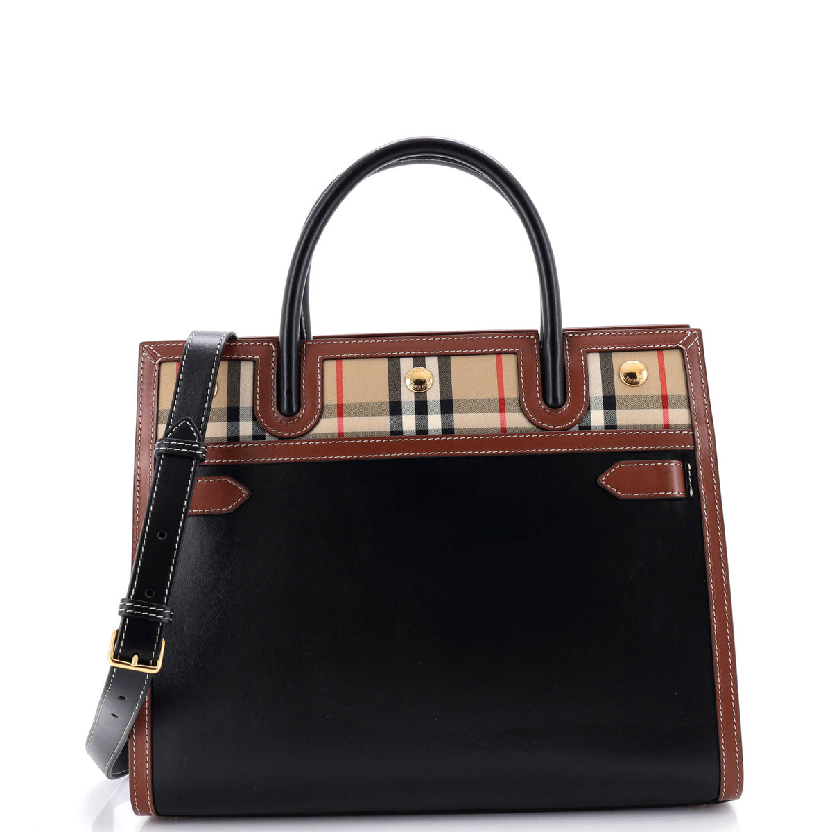 Burberry Title Two Handle Tote Leather with Vintage Check Canvas Small