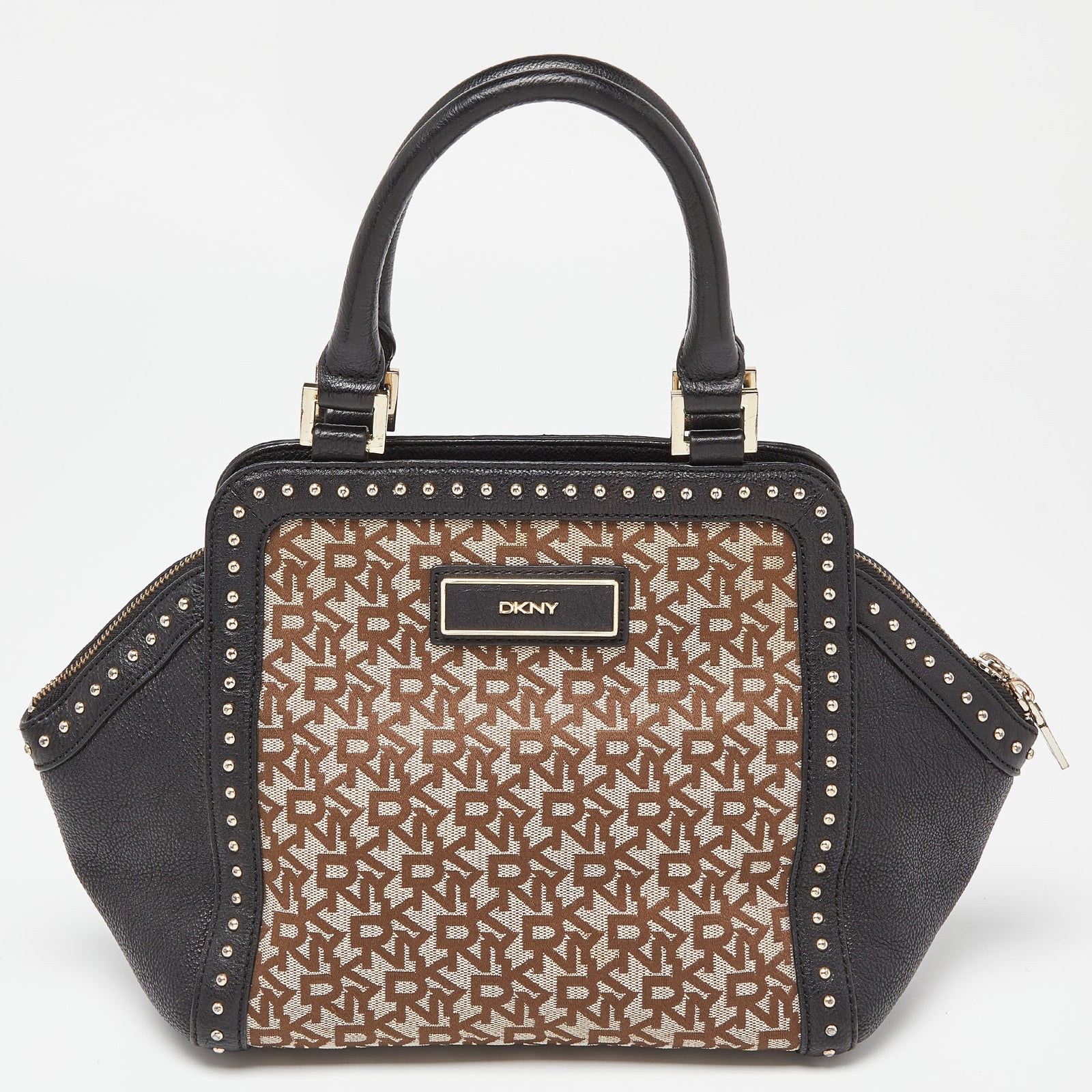 DKNY DKNY Beige/Black Signature Canvas and Leather Studded Satchel