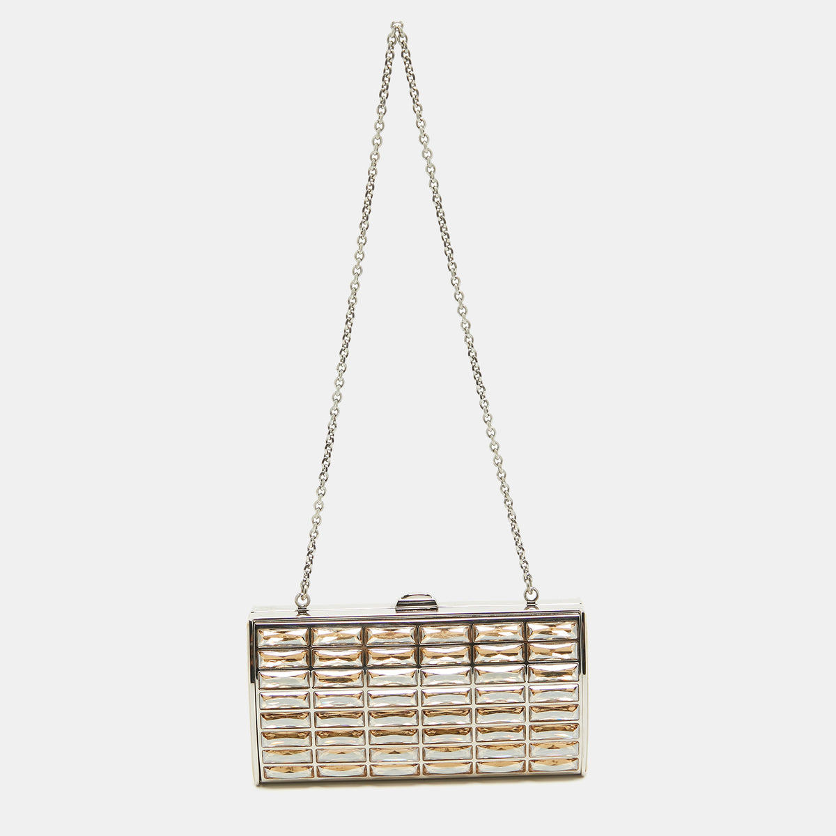 Judith Leiber Silver/Beige Satin and Metal Crystal Goddess Chain Clutch