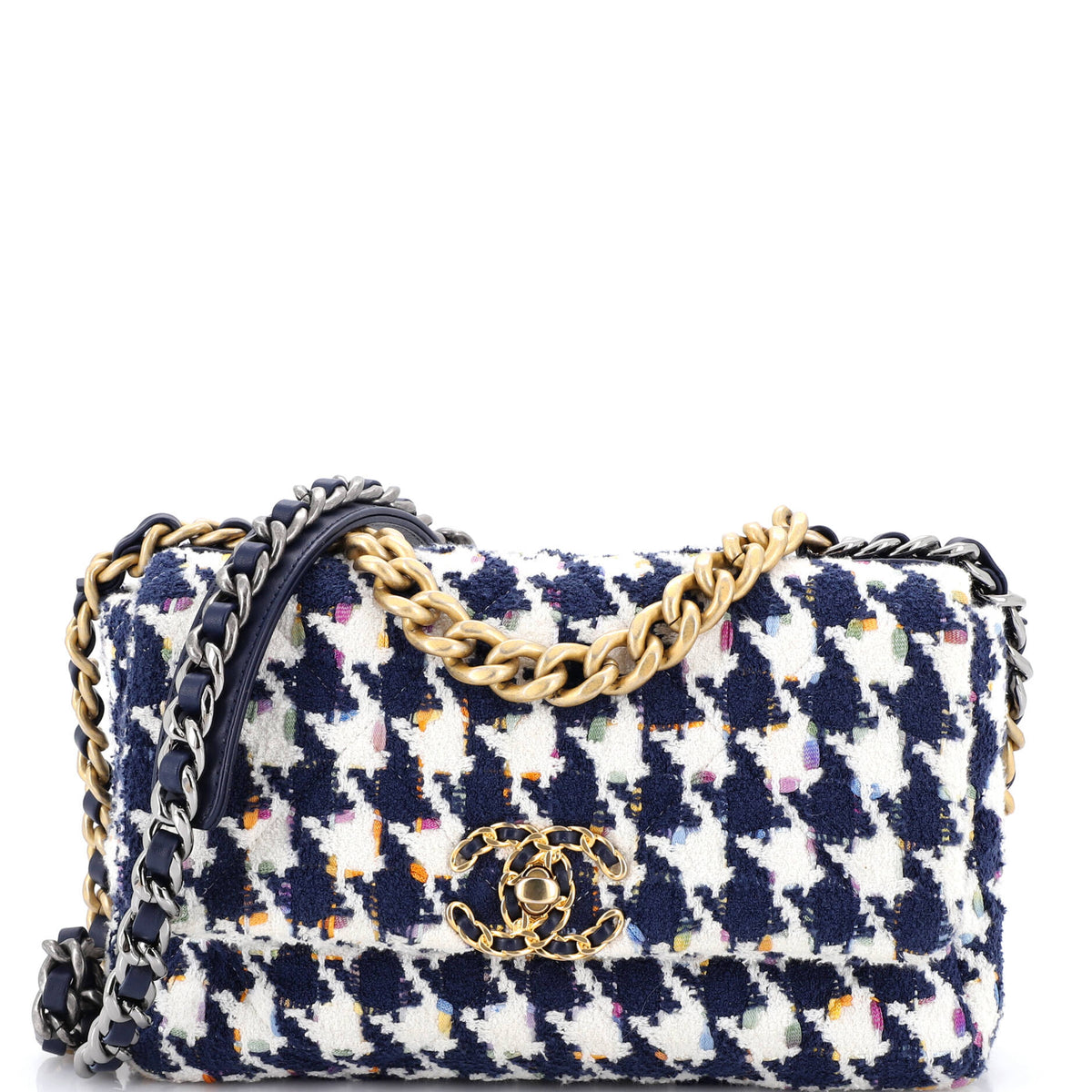 Chanel CHANEL 19 Flap Bag Quilted Houndstooth Tweed and Ribbon Medium