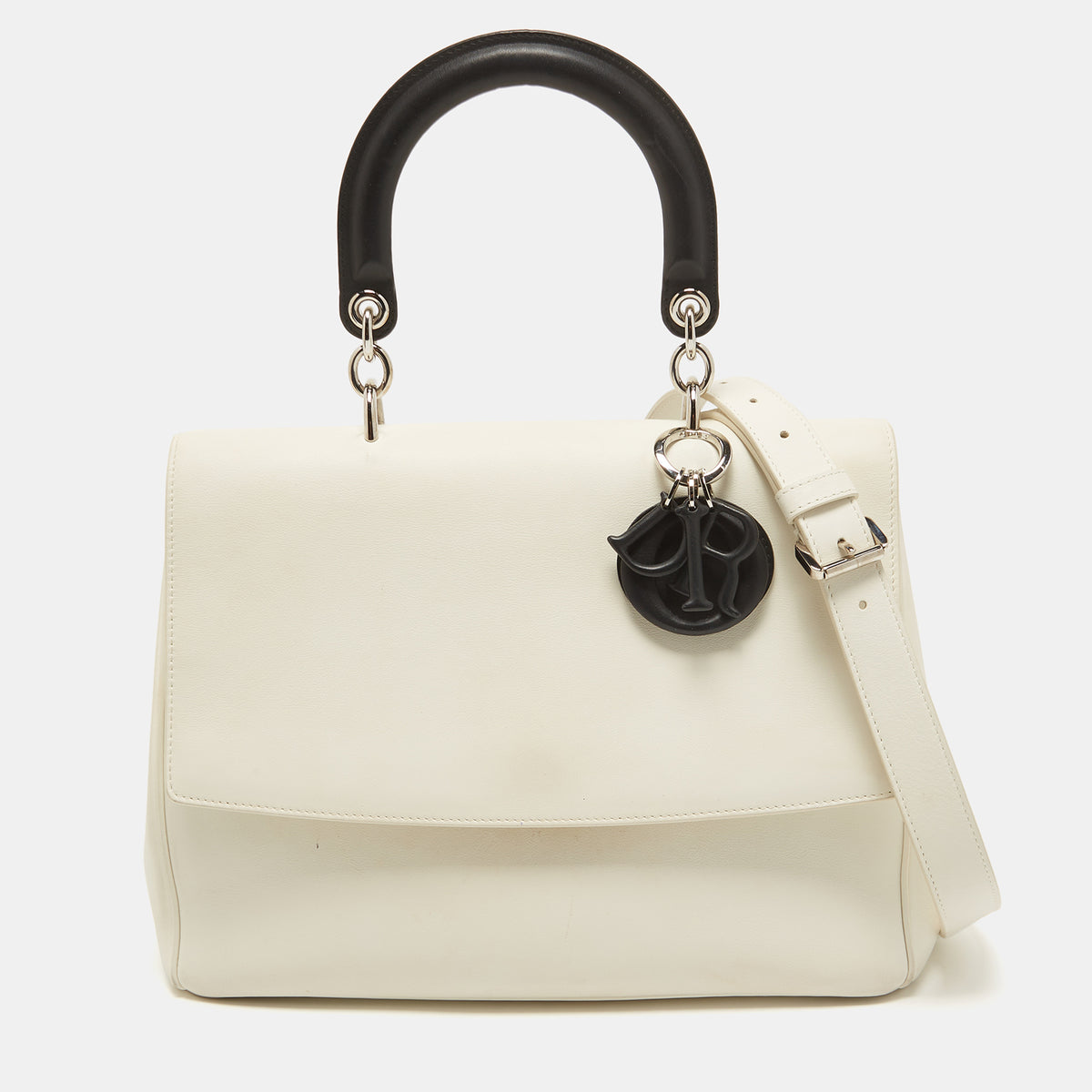 Dior White/Black Leather Large Be Flap Top Handle Bag
