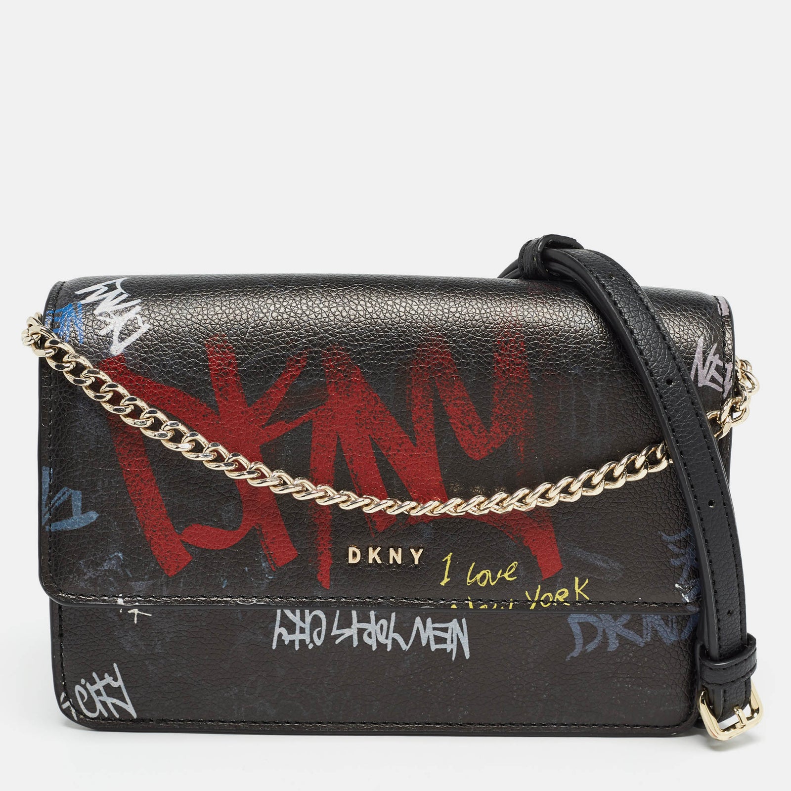 DKNY DKNY Black Leather Graffiti Print Flap Crossbody Bag