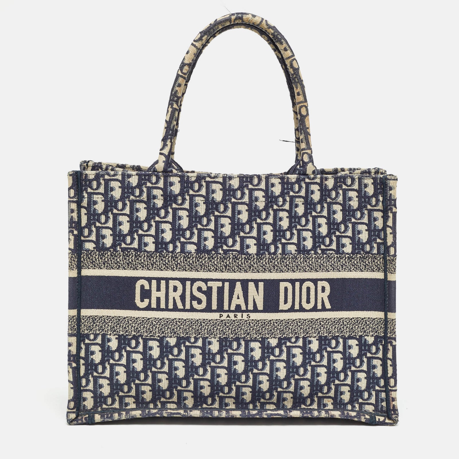 Dior Mittelgroße Tragetasche aus Canvas mit schräger Stickerei in Marineblau