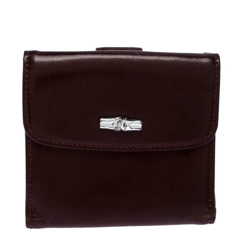 Longchamp Maroon Leather Roseau Compact Wallet