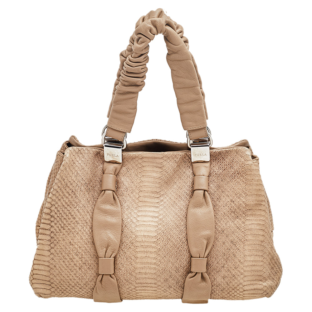 Furla Beige Python Embossed Leather Shoulder Bag