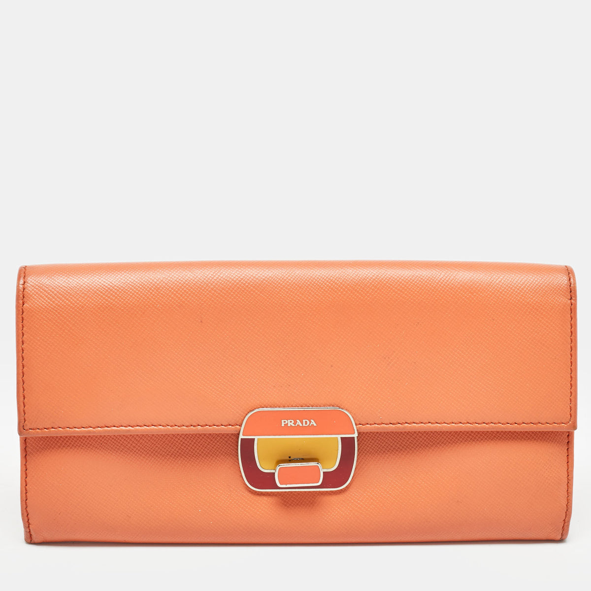 Prada Orange Leather Pushlock Flap Continental Wallet