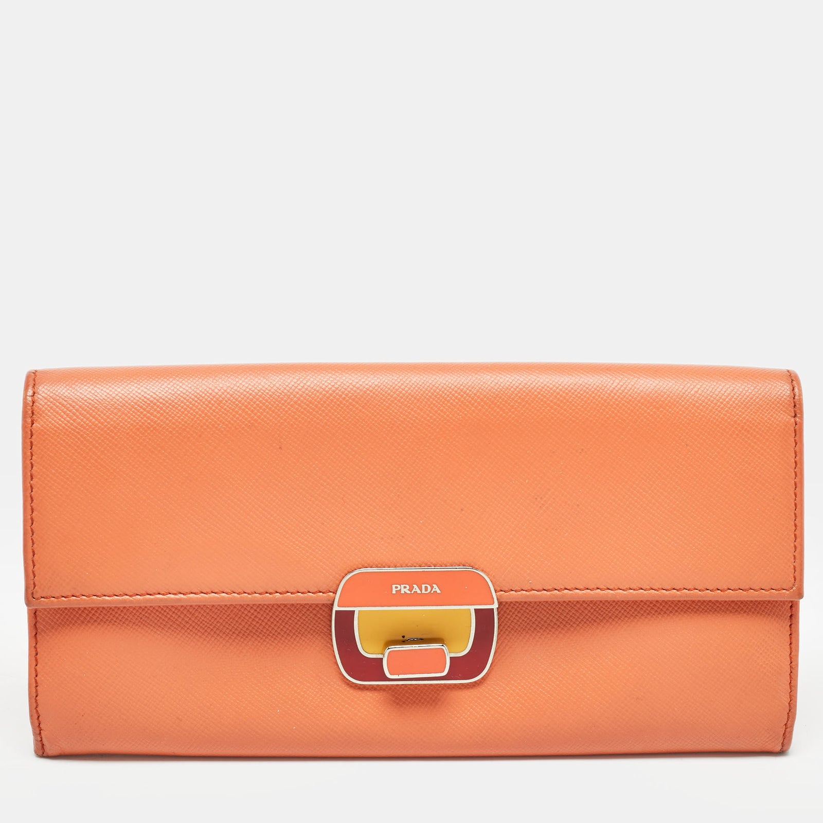 Prada Orange Leather Pushlock Flap Continental Wallet