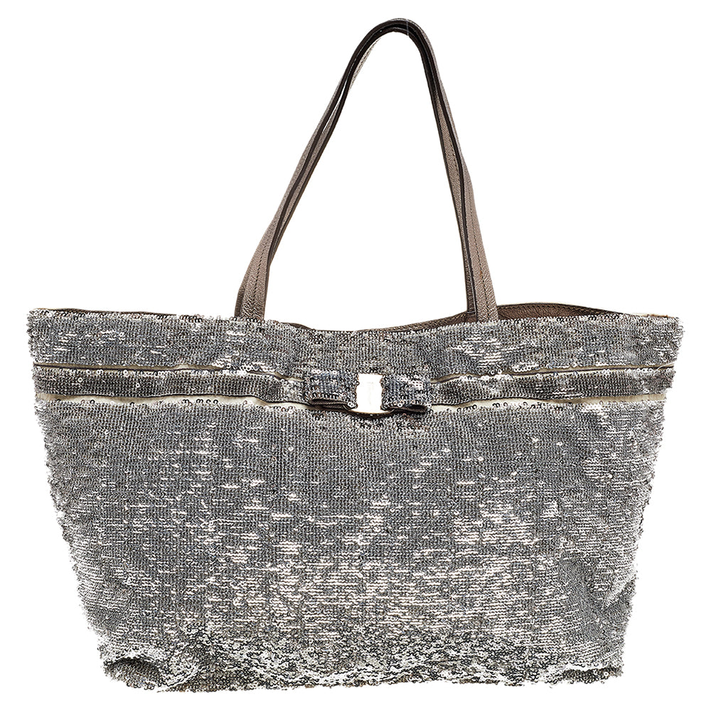 Salvatore Ferragamo Grey Sequins And Nylon Tote