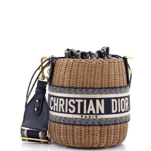 Drawstring Bucket Bag Wicker with Oblique Canvas