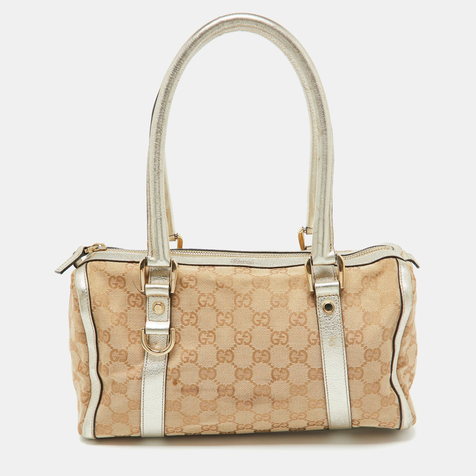 Gucci Kleine Abbey Boston Bag aus GG Canvas und Leder in Beige/Gold