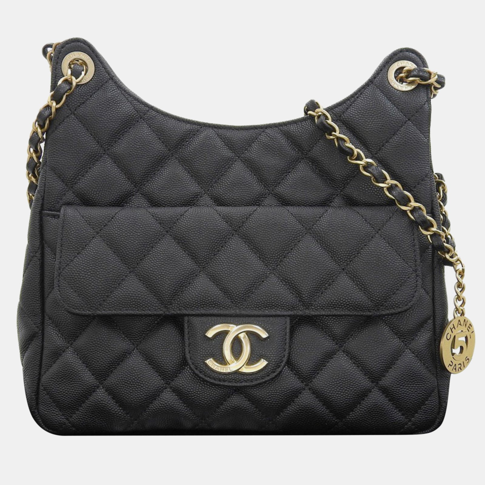 Chanel Schwarze gesteppte gewellte CC Hobo-Tasche mit Kaviarmuster