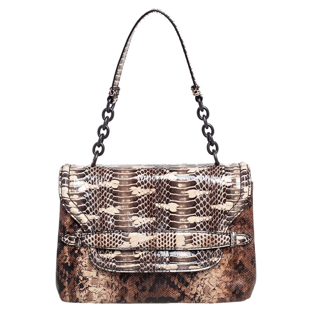 Bottega Veneta Brown Intrecciato Karung and Watersnake Detail Flap Shoulder Bag