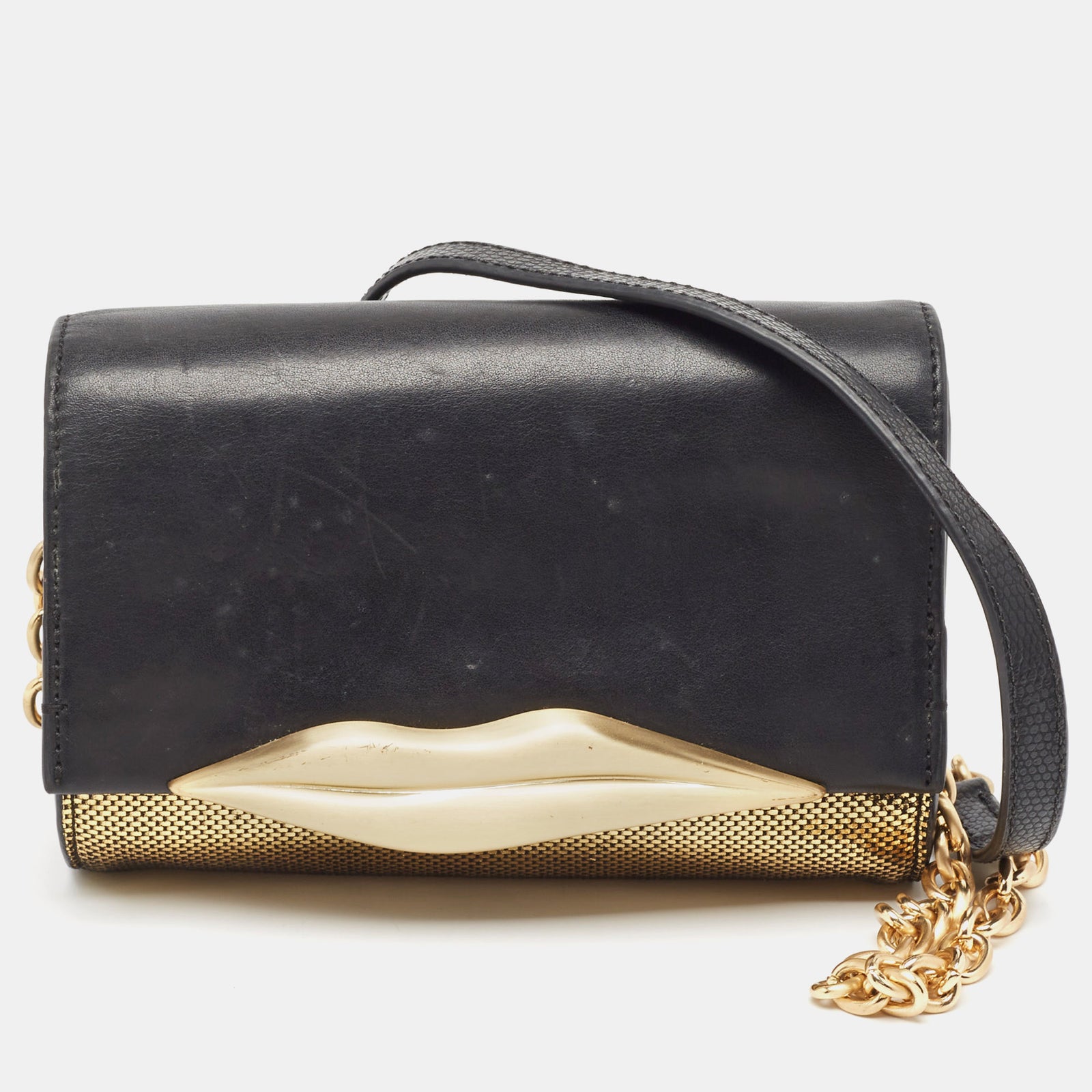 Diane Von Furstenberg Black/Gold Lizard Embossed and Leather Carolina Lips Clutch Bag