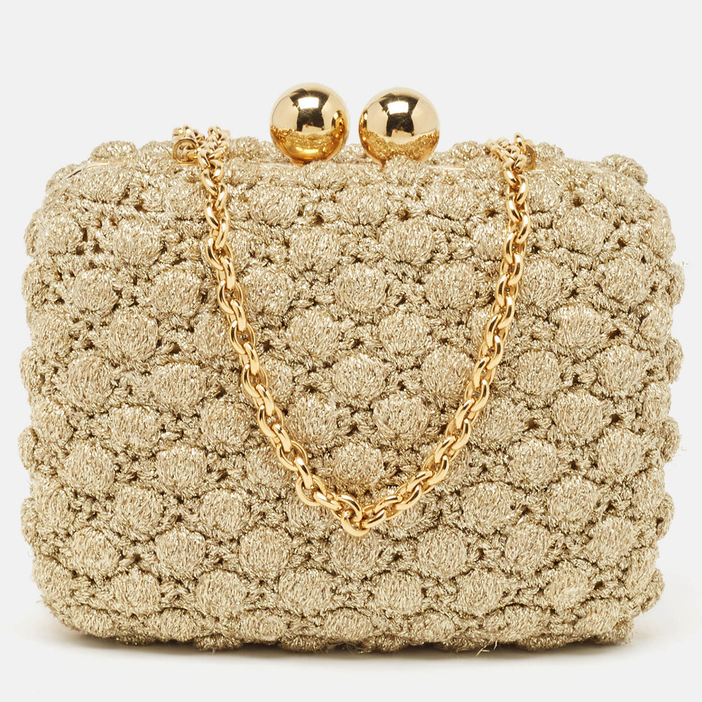 Clutch mit Kettenverschluss und Lurex-Stoff in Gold