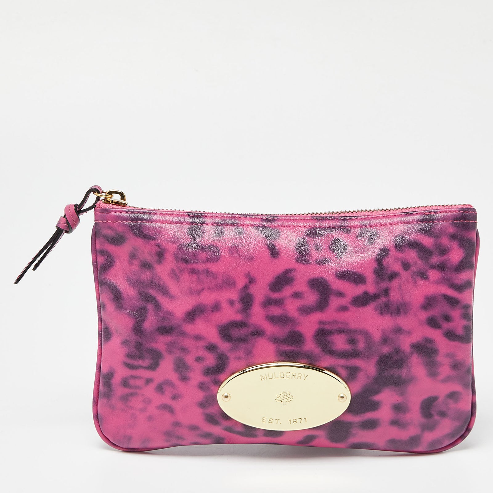 Mulberry Pink Leopard Print Leather Zip Pouch