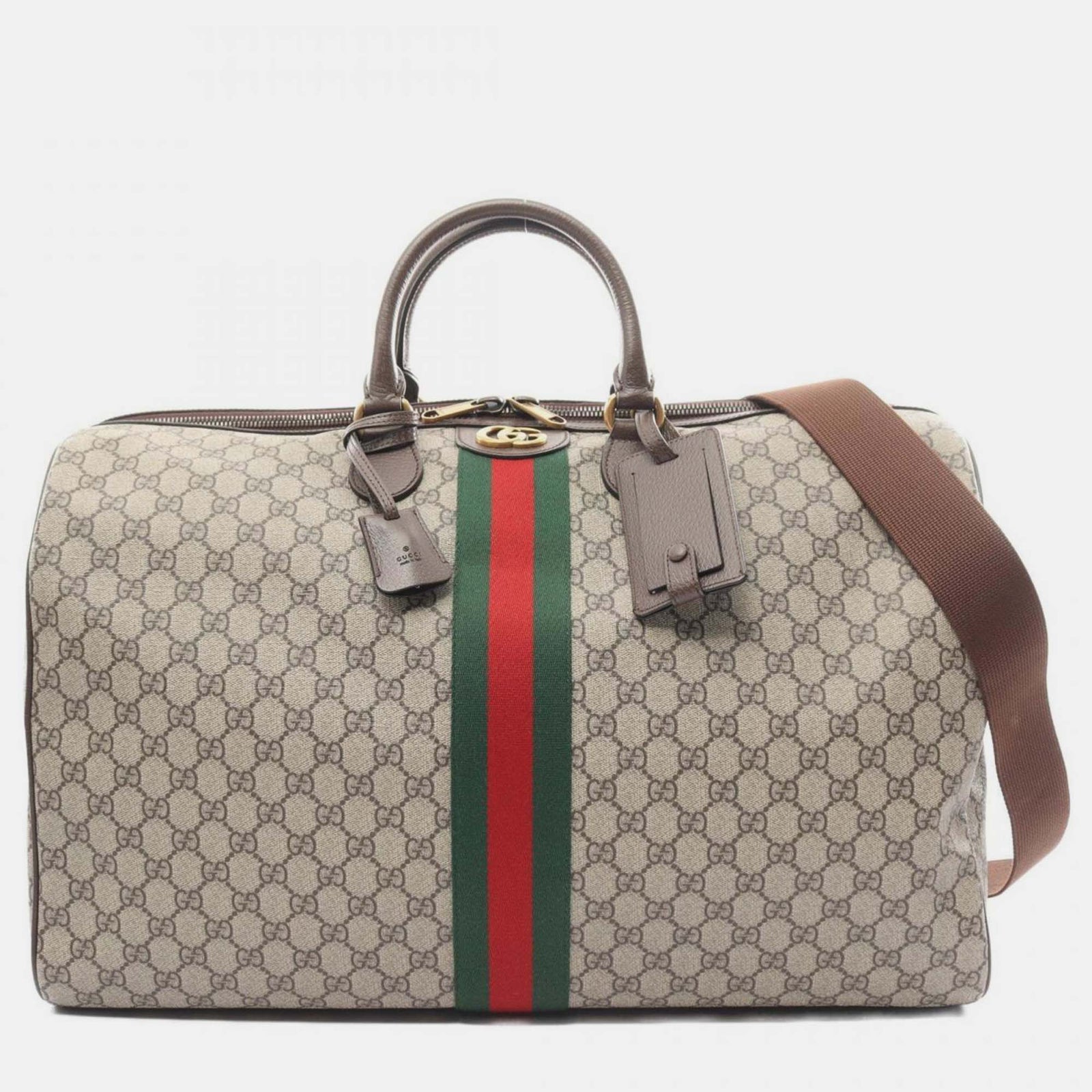 Gucci Beigebraune, mehrfarbige Boston-Tasche aus beschichtetem Canvas-Leder mit GG Supreme Sherry Line