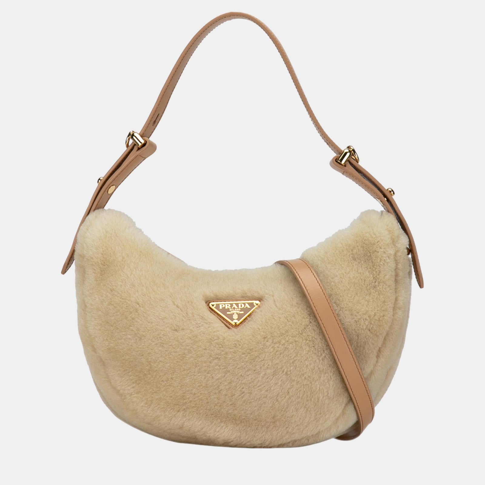 Prada Brown/Beige Shearling and Leather Arqu&eacute; Satchel